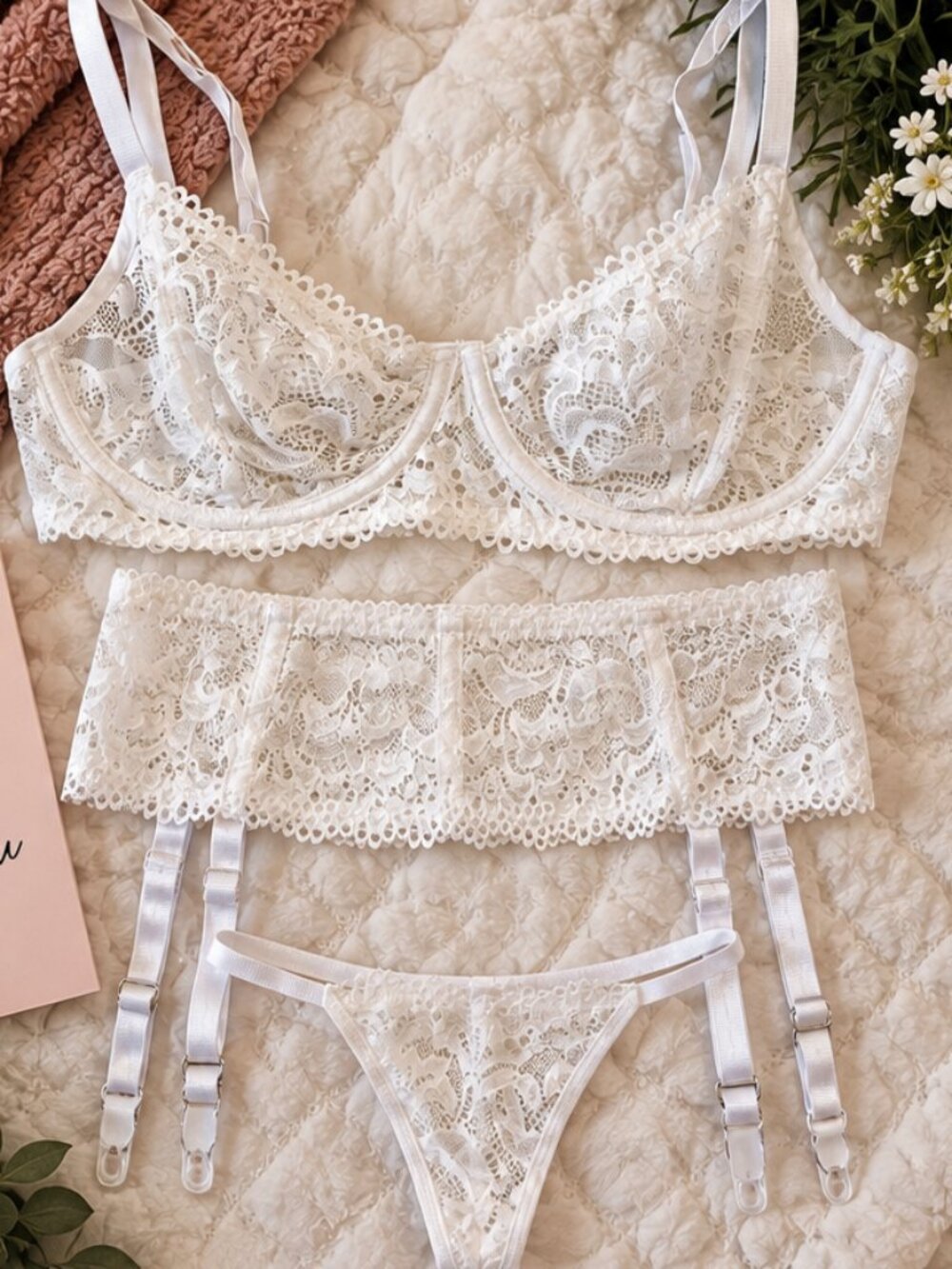 105 Avidlove White Lace 3 Piece Lingerie Set L Garter Belt 🤍